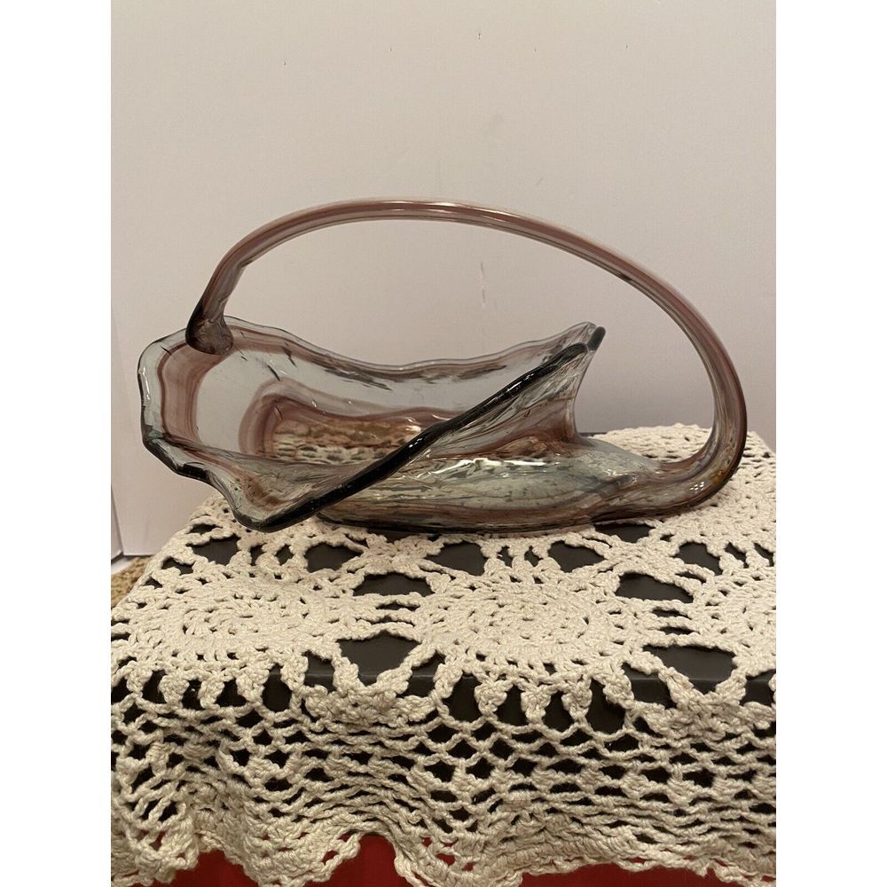 Vintage‎ Handblown Swirl Art Glass Centerpiece Handled Basket Bowl Gray/multi